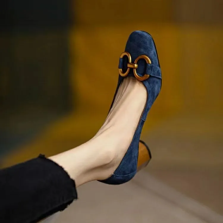Amozae  Square Toe Work Shoes Metal Decoration 3.5CM Women's High Heels 2024 Spring and Autumn New High Quality Fashion Blue