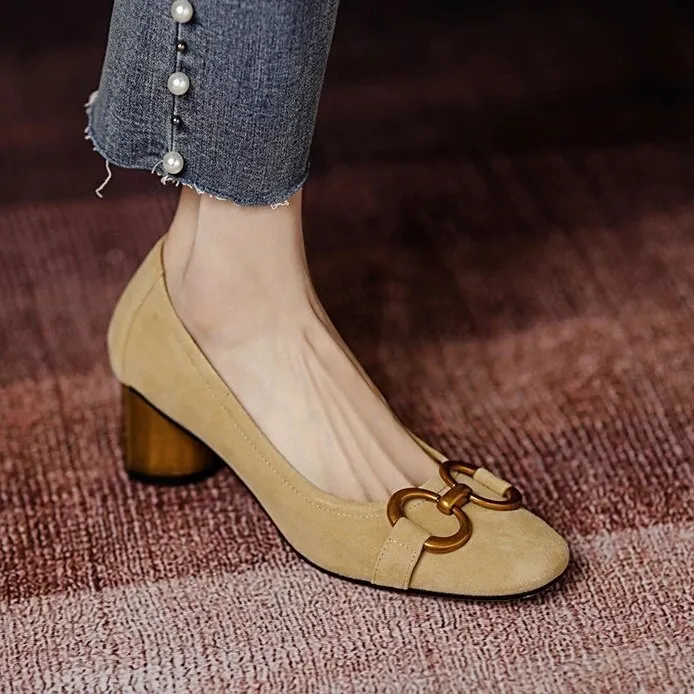 Amozae  Square Toe Work Shoes Metal Decoration 3.5CM Women's High Heels 2024 Spring and Autumn New High Quality Fashion Blue