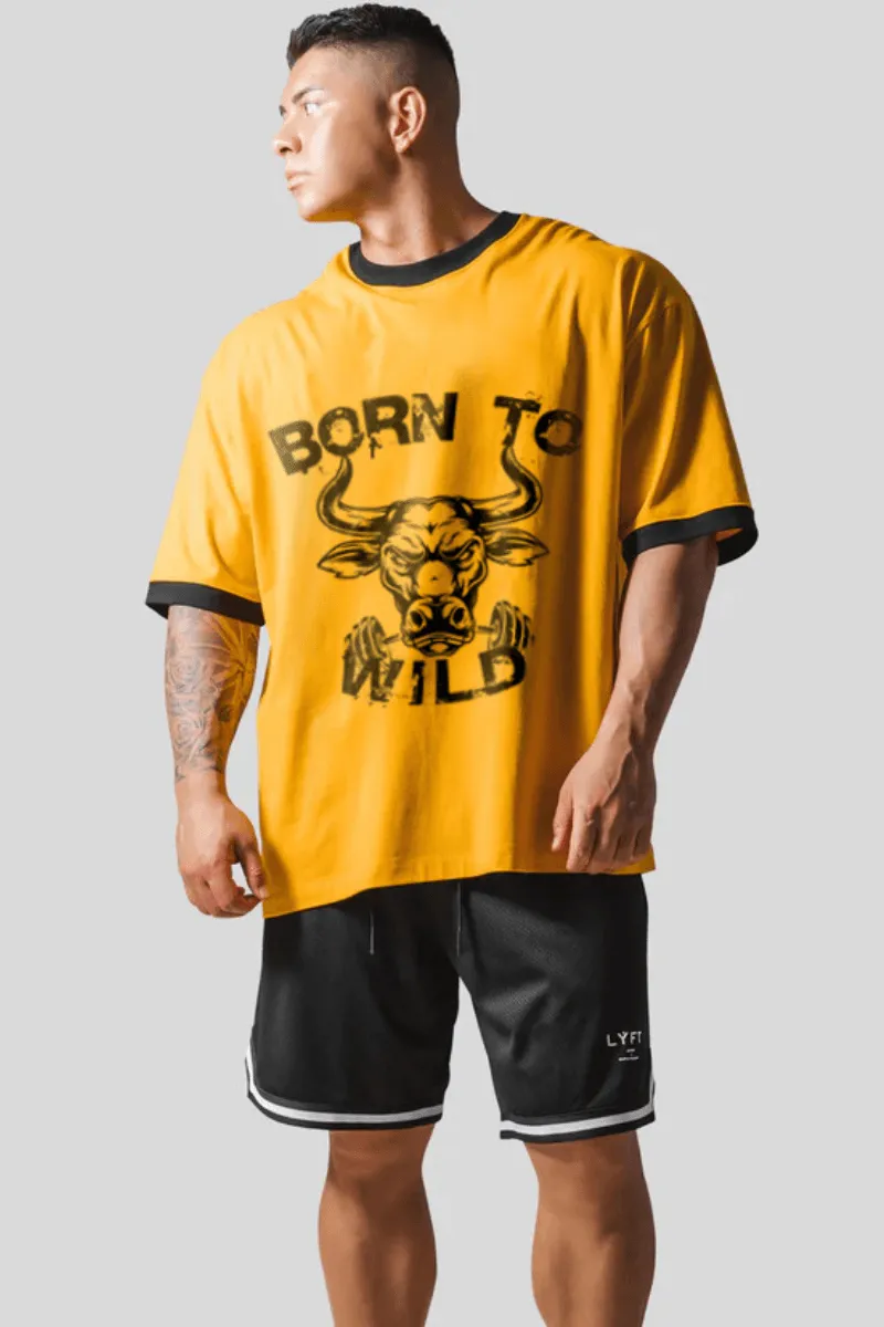 Born To Wild Oversized Black Rib Collar T-shirt (Mustard)