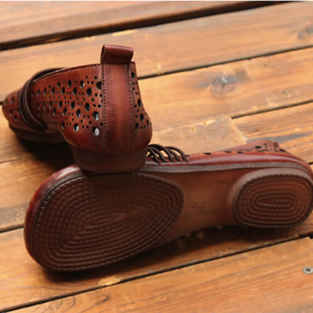 Cowhide Leather Hollow Summer Retro Flat Shoes