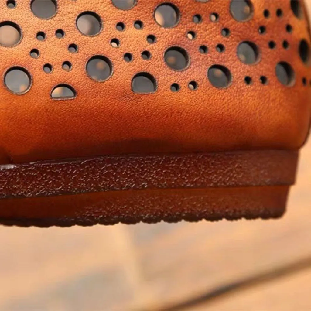Cowhide Leather Hollow Summer Retro Flat Shoes