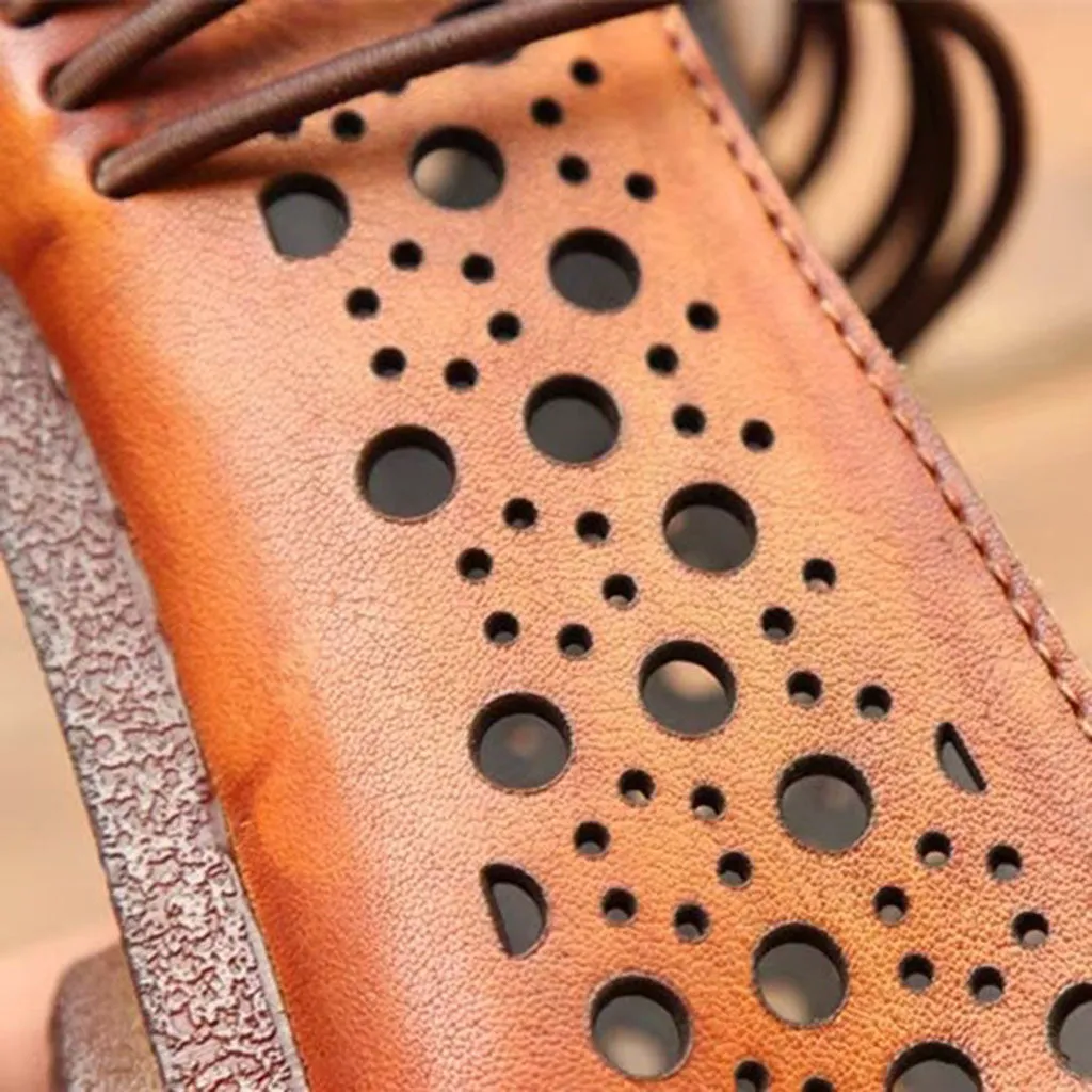 Cowhide Leather Hollow Summer Retro Flat Shoes