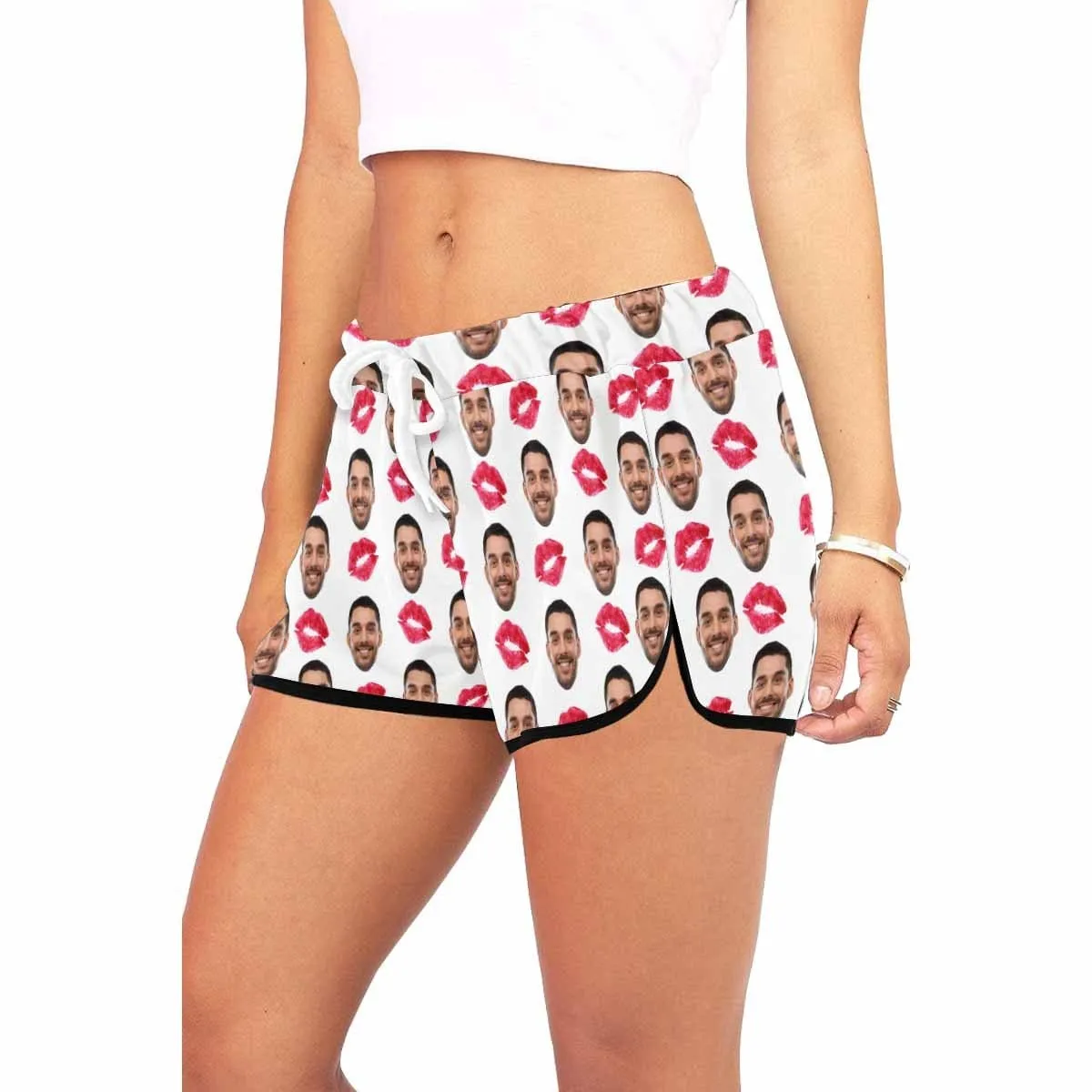Custom Husband Face Red Lips White Background Board Shorts Swim Trunks Personalized Women's Casual Yoga Shorts