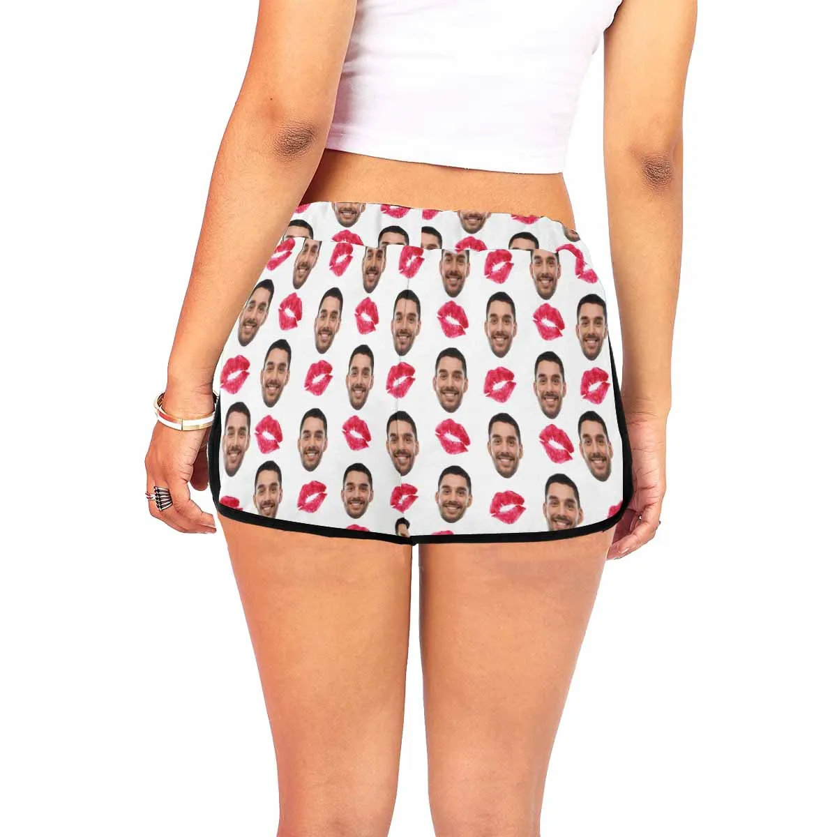 Custom Husband Face Red Lips White Background Board Shorts Swim Trunks Personalized Women's Casual Yoga Shorts