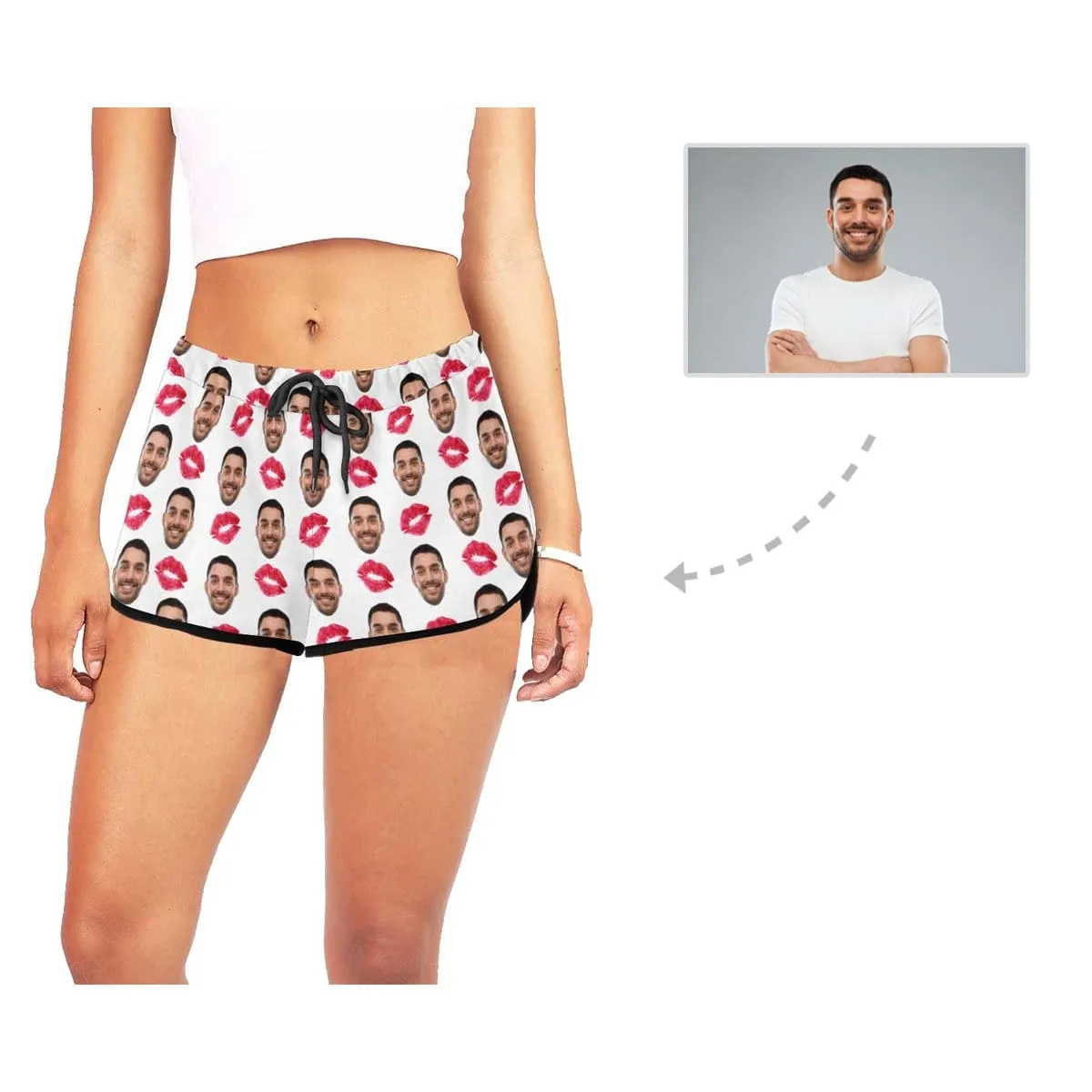 Custom Husband Face Red Lips White Background Board Shorts Swim Trunks Personalized Women's Casual Yoga Shorts
