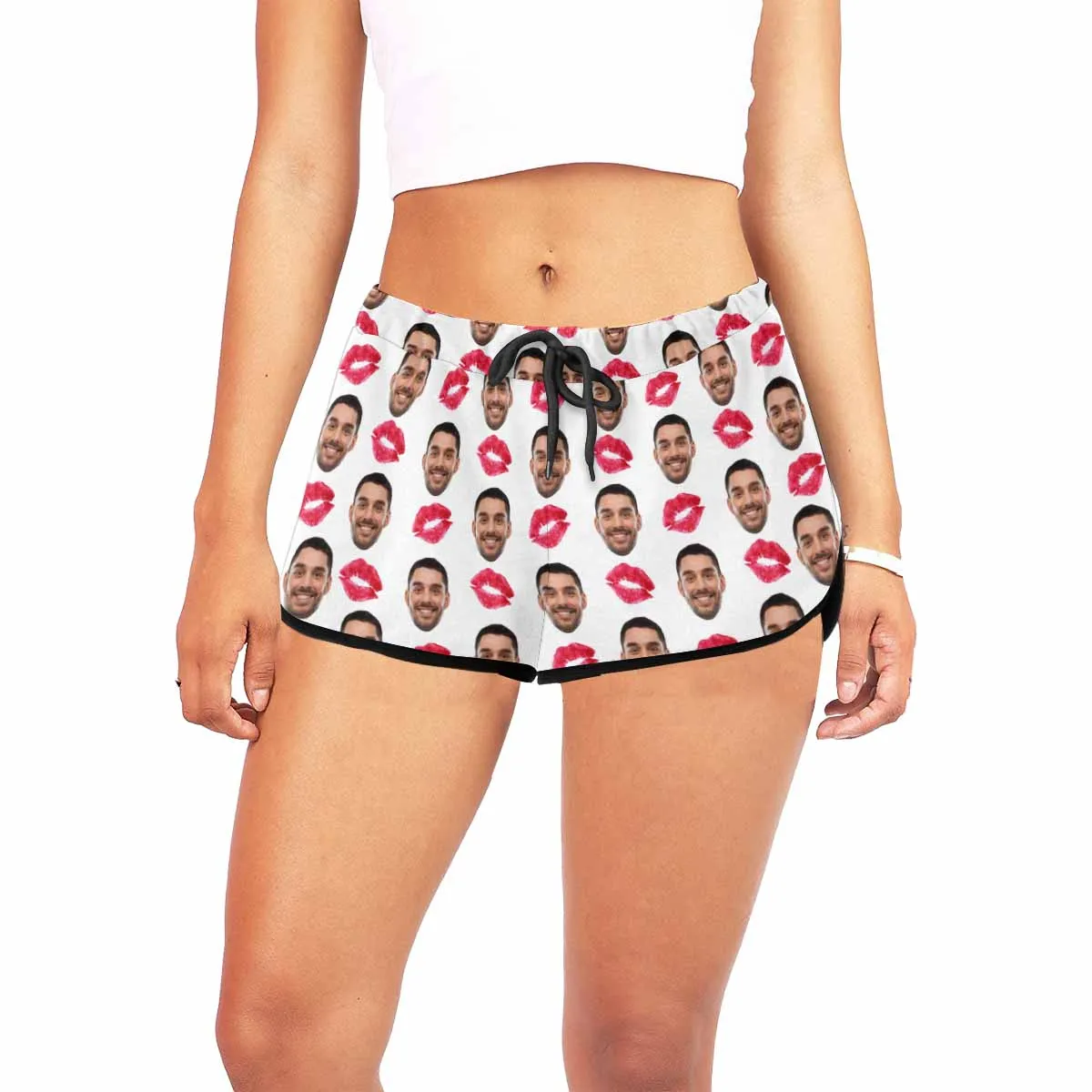 Custom Husband Face Red Lips White Background Board Shorts Swim Trunks Personalized Women's Casual Yoga Shorts