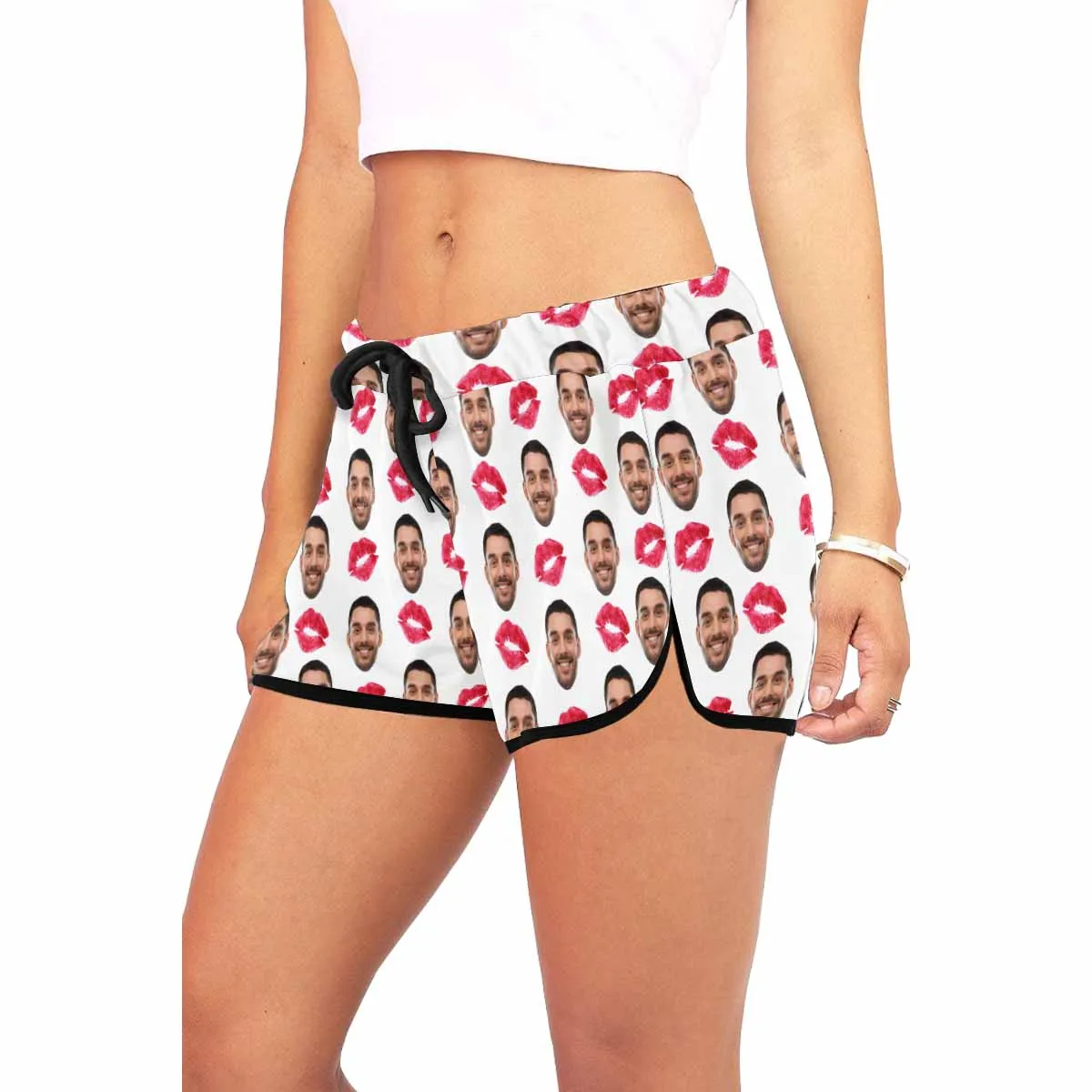 Custom Husband Face Red Lips White Background Board Shorts Swim Trunks Personalized Women's Casual Yoga Shorts