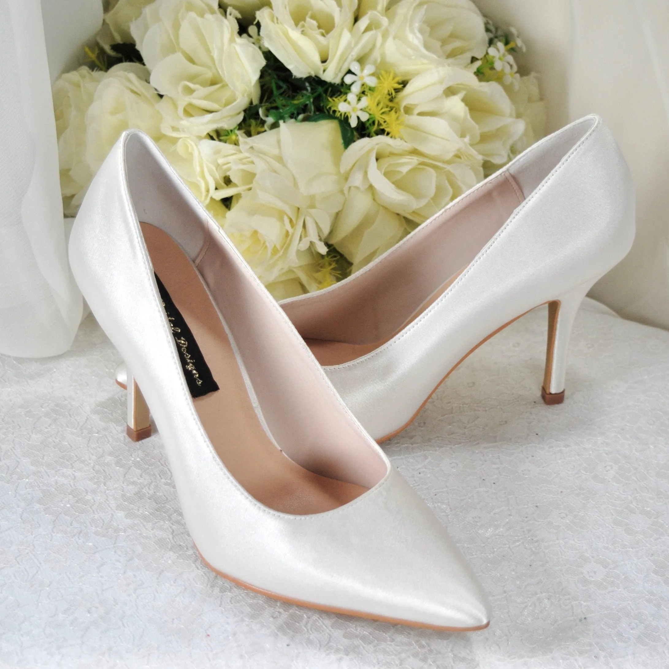 Elegant Black Satin Evening Shoe | Pointed Toe Court Shoes available in a range of colours