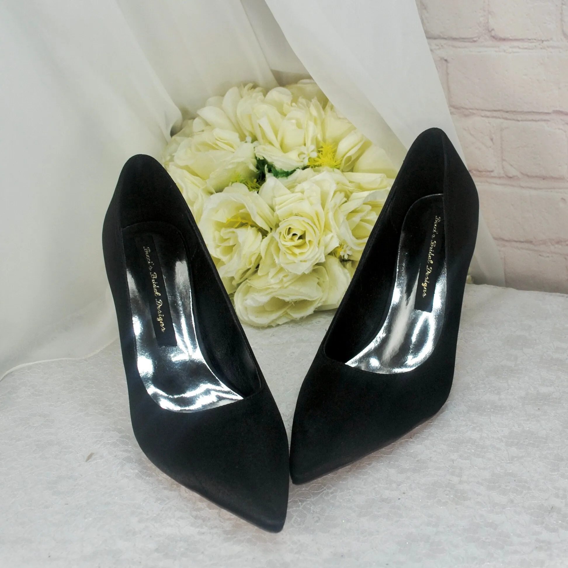 Elegant Black Satin Evening Shoe | Pointed Toe Court Shoes available in a range of colours