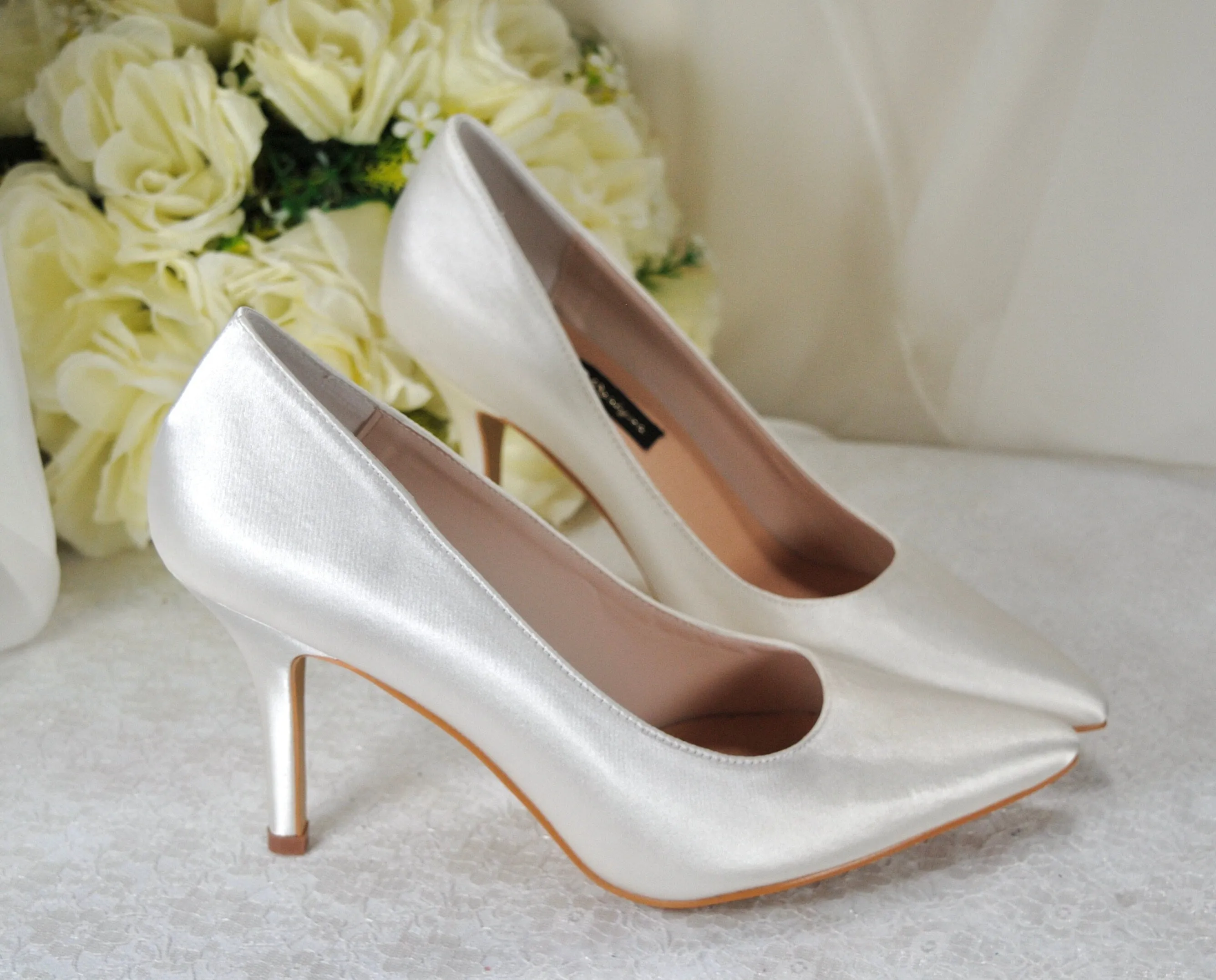 Elegant Black Satin Evening Shoe | Pointed Toe Court Shoes available in a range of colours
