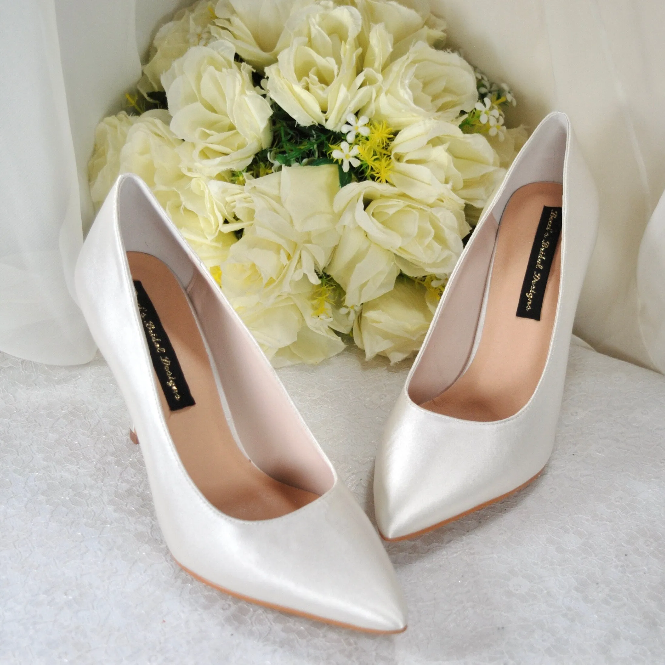 Elegant Black Satin Evening Shoe | Pointed Toe Court Shoes available in a range of colours