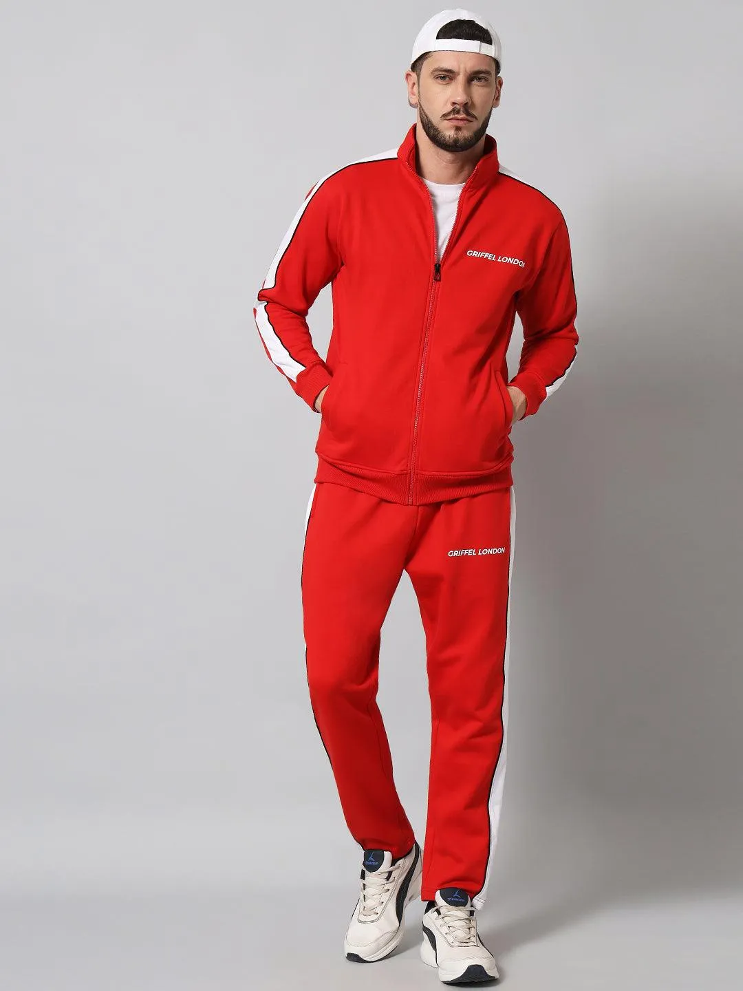 Griffel Men's Color Blocked Front Logo Fleece Zipper and Jogger Full set Red Tracksuit