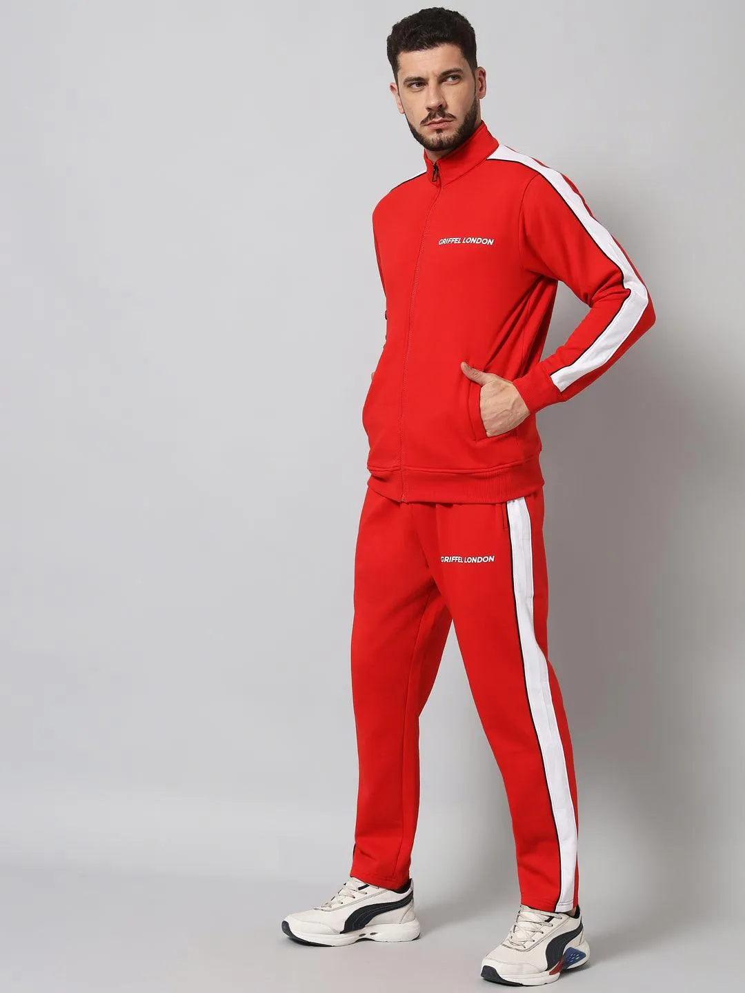 Griffel Men's Color Blocked Front Logo Fleece Zipper and Jogger Full set Red Tracksuit