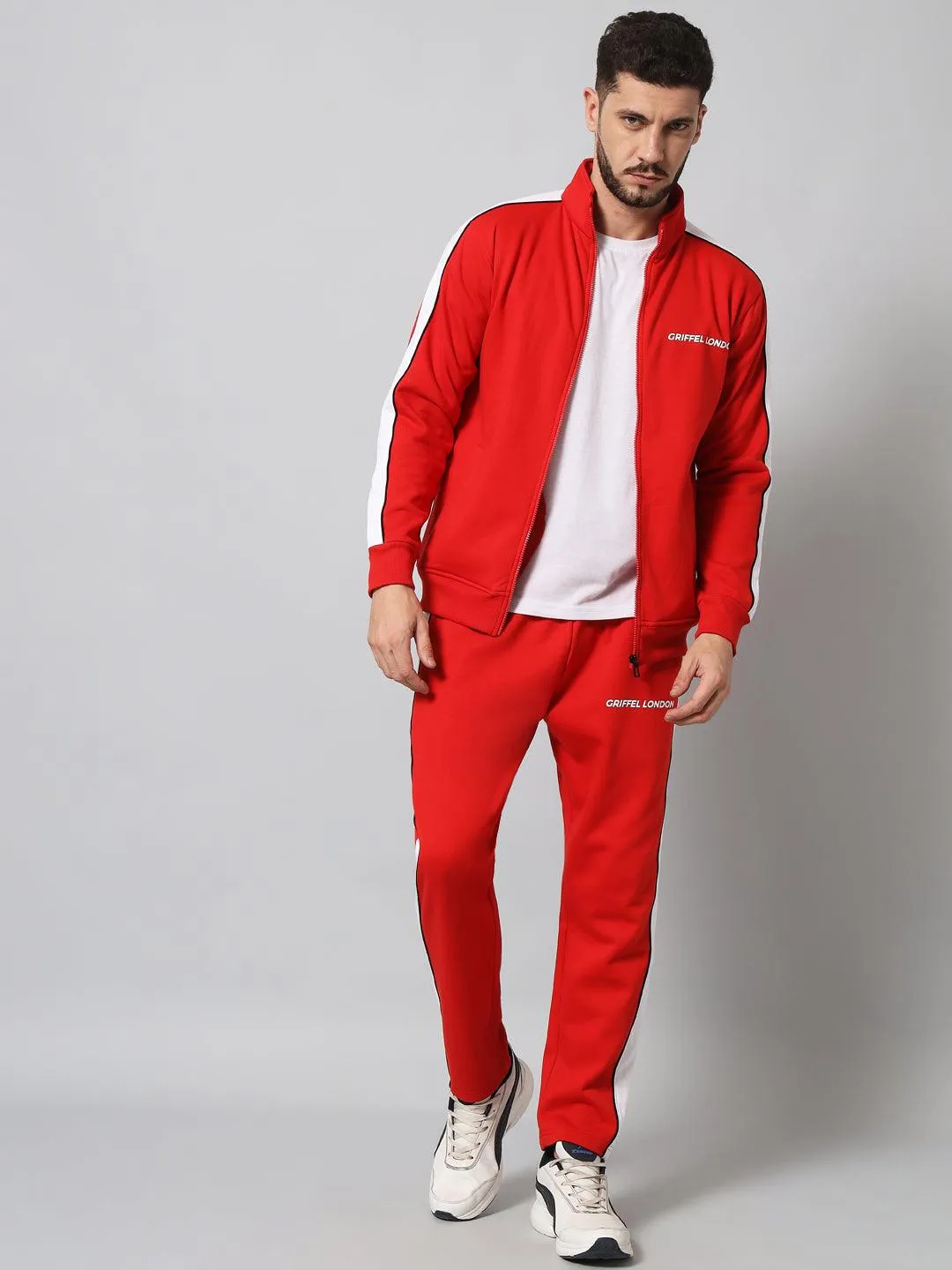 Griffel Men's Color Blocked Front Logo Fleece Zipper and Jogger Full set Red Tracksuit