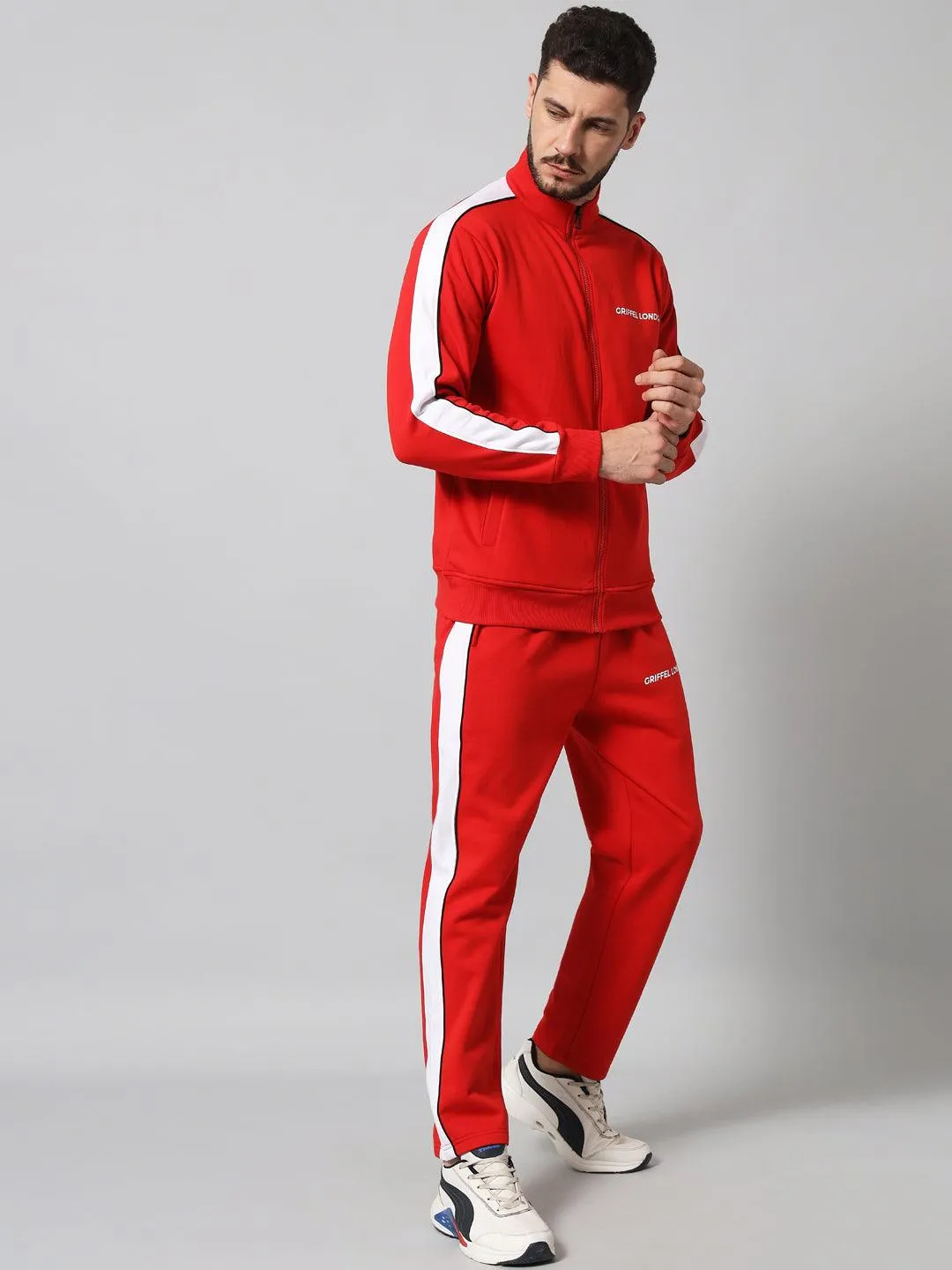 Griffel Men's Color Blocked Front Logo Fleece Zipper and Jogger Full set Red Tracksuit