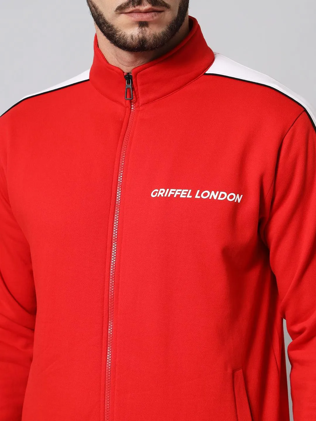 Griffel Men's Color Blocked Front Logo Fleece Zipper and Jogger Full set Red Tracksuit