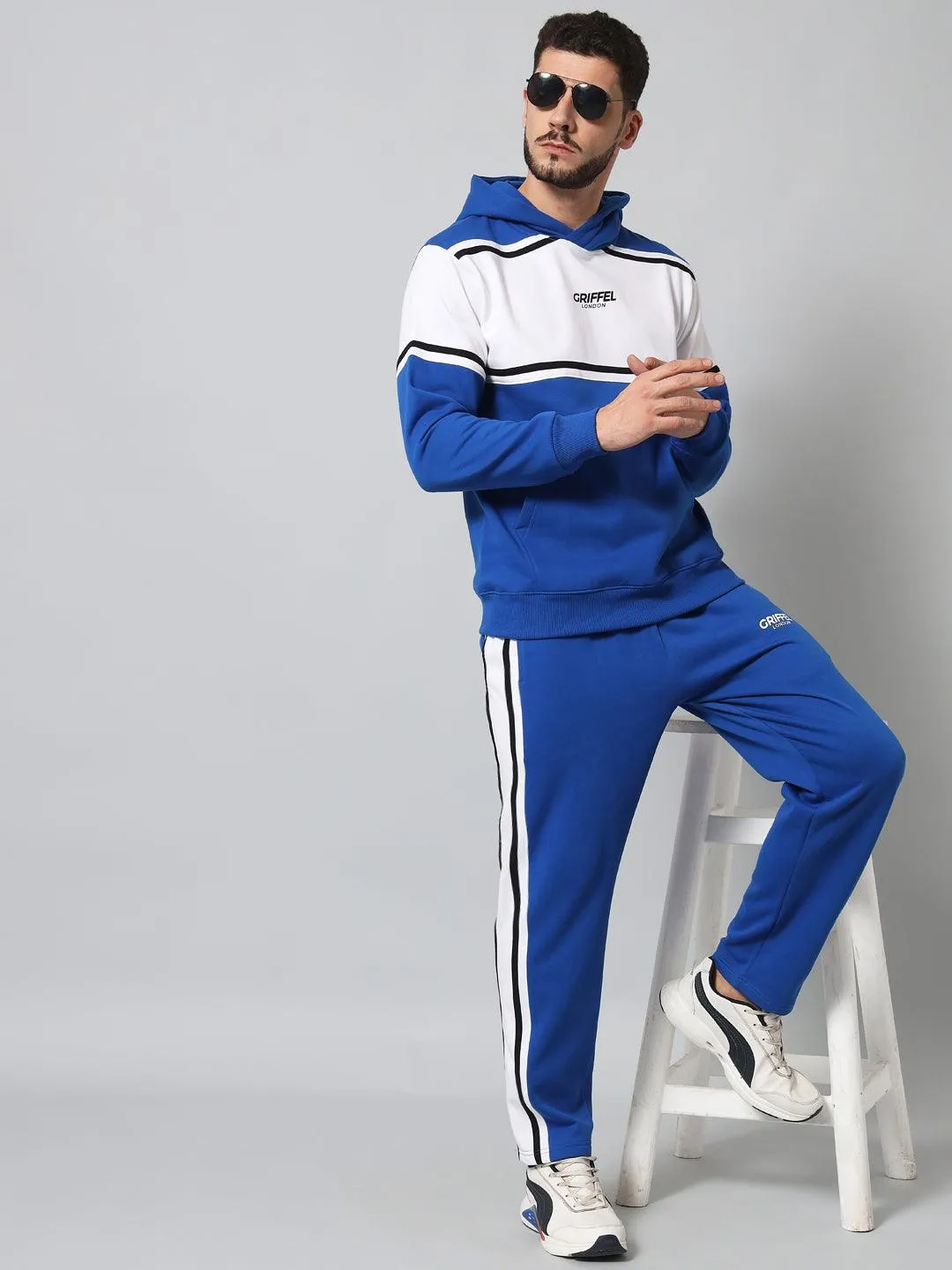 Griffel Men's Color Blocked Front Logo Fleece Zipper and Jogger Full set Royal Tracksuit
