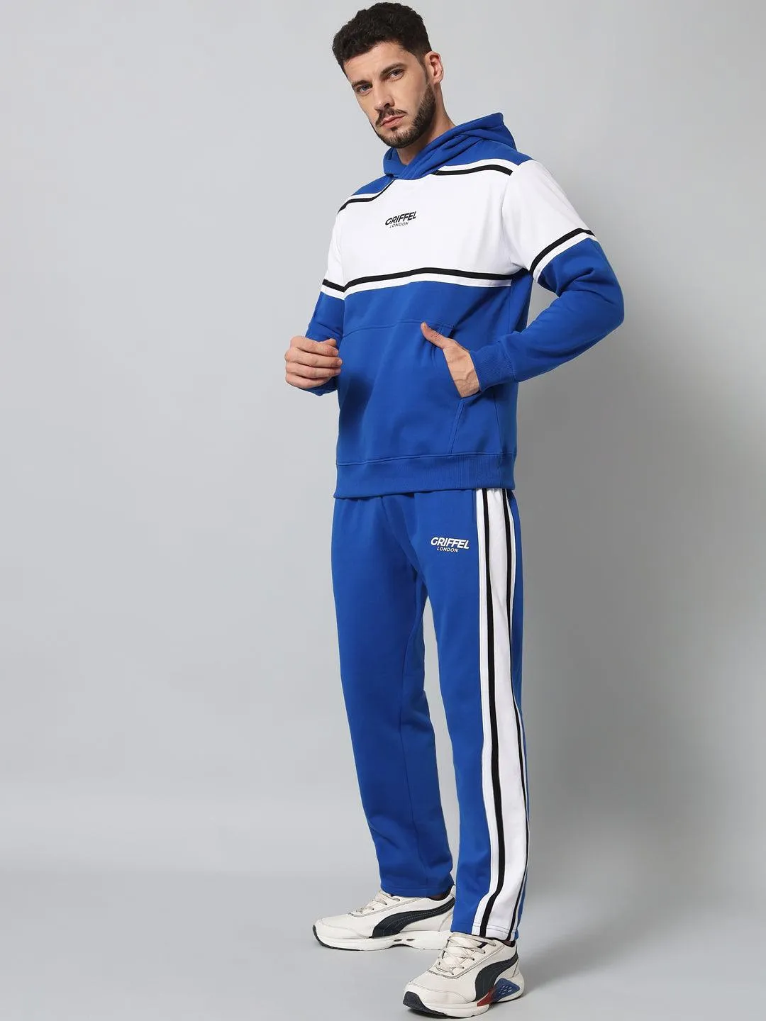 Griffel Men's Color Blocked Front Logo Fleece Zipper and Jogger Full set Royal Tracksuit