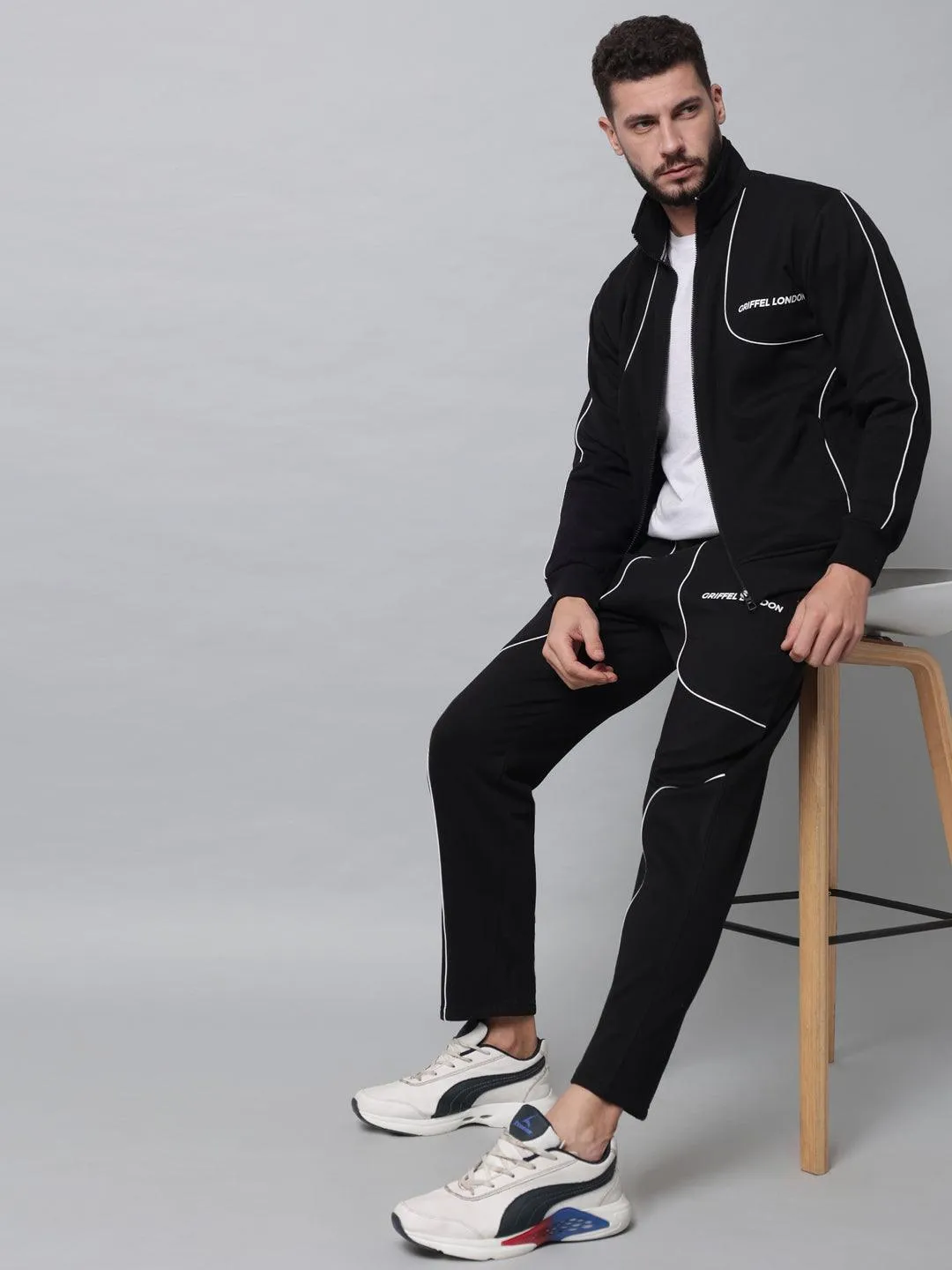 Griffel Men's Front Logo Fleece Zipper and Jogger Full set Black Tracksuit