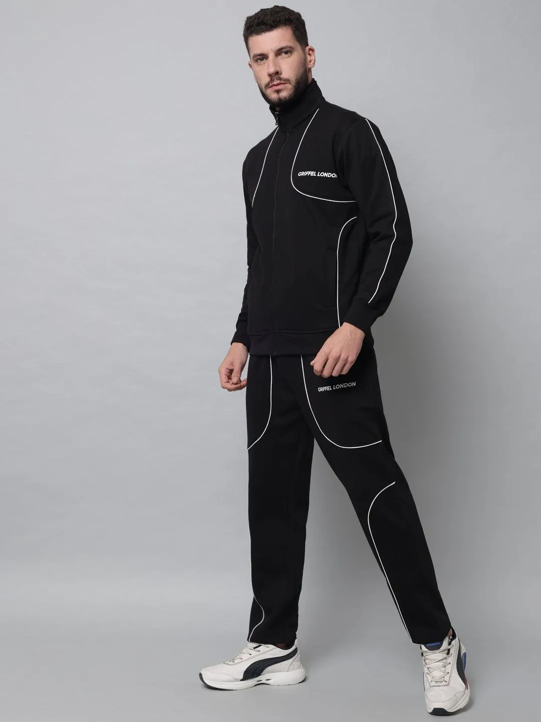 Griffel Men's Front Logo Fleece Zipper and Jogger Full set Black Tracksuit