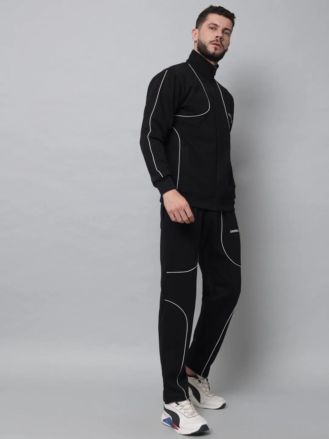 Griffel Men's Front Logo Fleece Zipper and Jogger Full set Black Tracksuit