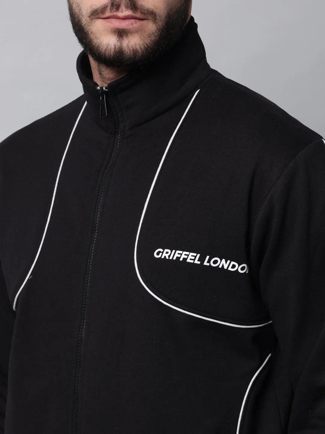 Griffel Men's Front Logo Fleece Zipper and Jogger Full set Black Tracksuit