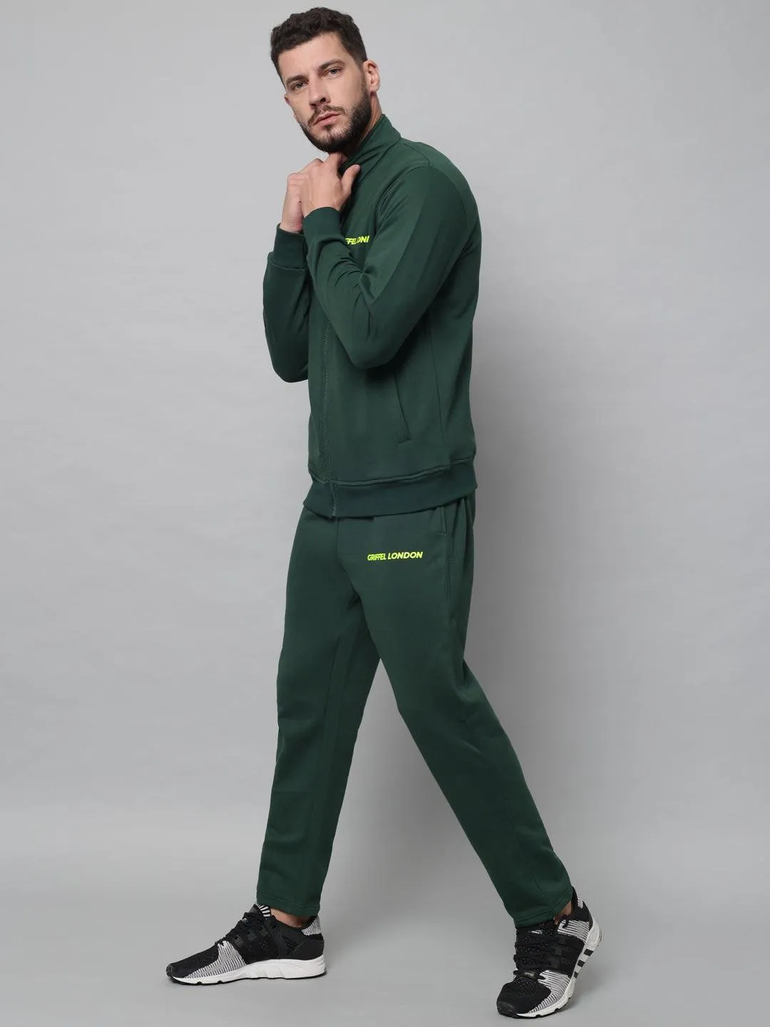 Griffel Men's Front Logo Fleece Zipper and Jogger Full set Green Tracksuit