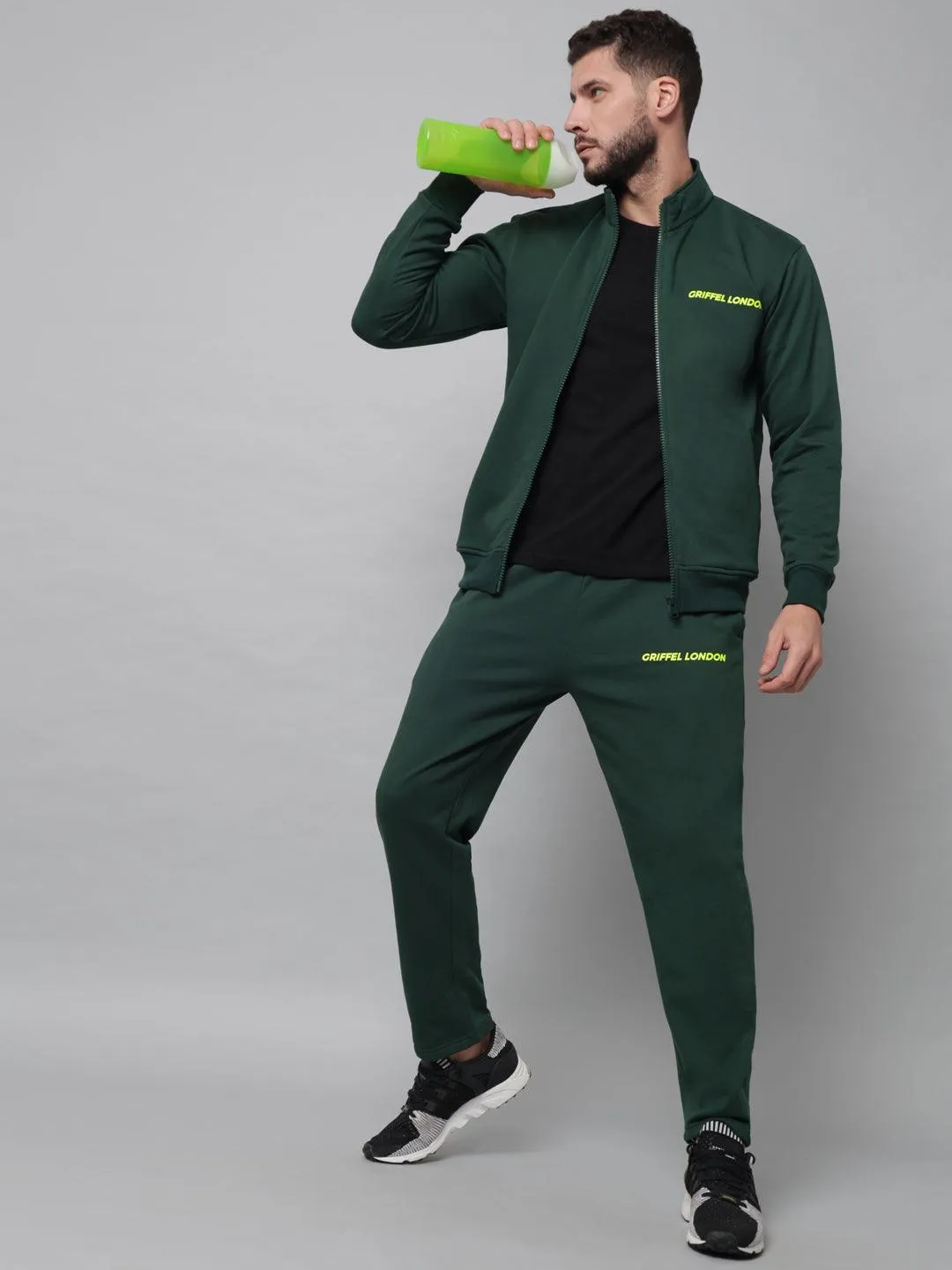 Griffel Men's Front Logo Fleece Zipper and Jogger Full set Green Tracksuit