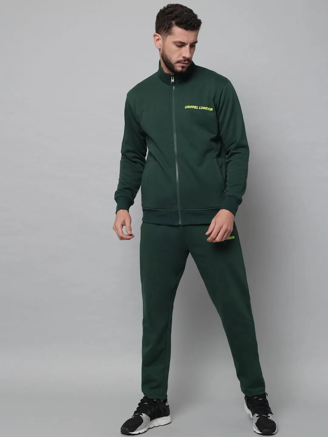 Griffel Men's Front Logo Fleece Zipper and Jogger Full set Green Tracksuit