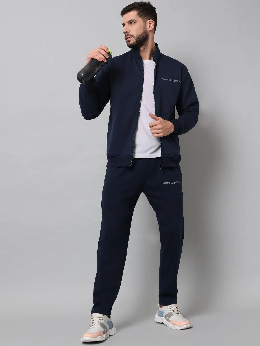 Griffel Men's Front Logo Fleece Zipper and Jogger Full set Navy Tracksuit