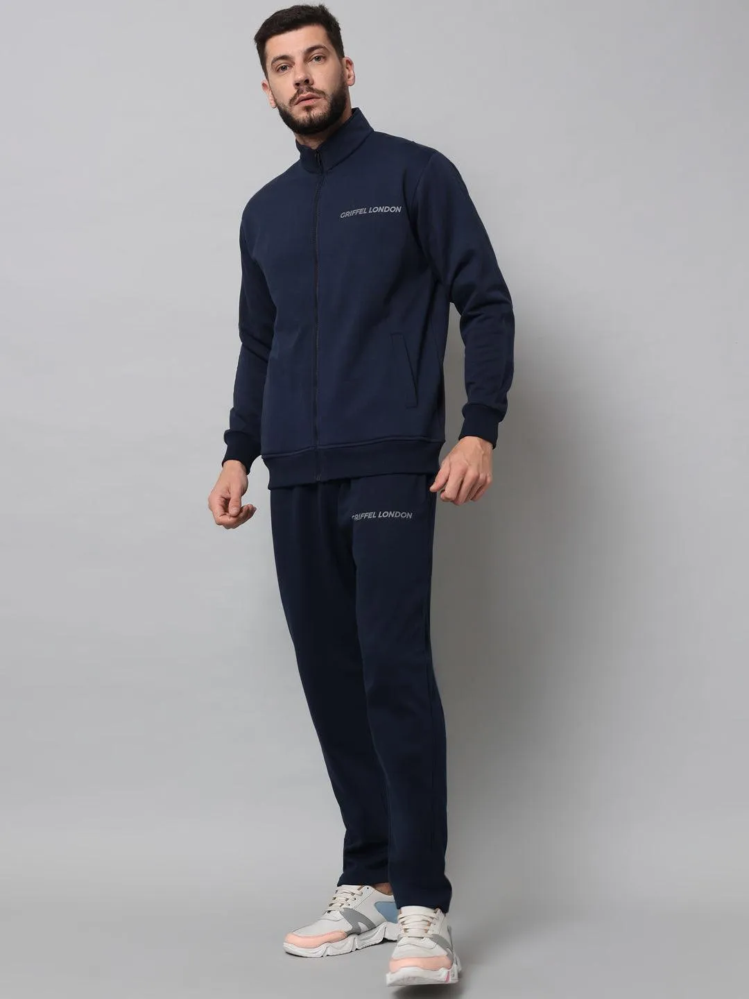 Griffel Men's Front Logo Fleece Zipper and Jogger Full set Navy Tracksuit