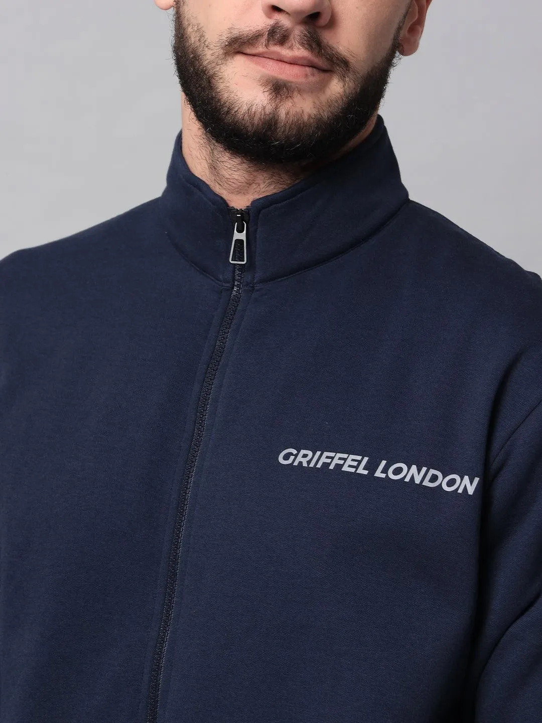 Griffel Men's Front Logo Fleece Zipper and Jogger Full set Navy Tracksuit