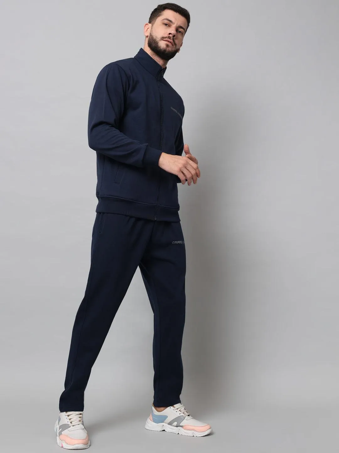 Griffel Men's Front Logo Fleece Zipper and Jogger Full set Navy Tracksuit