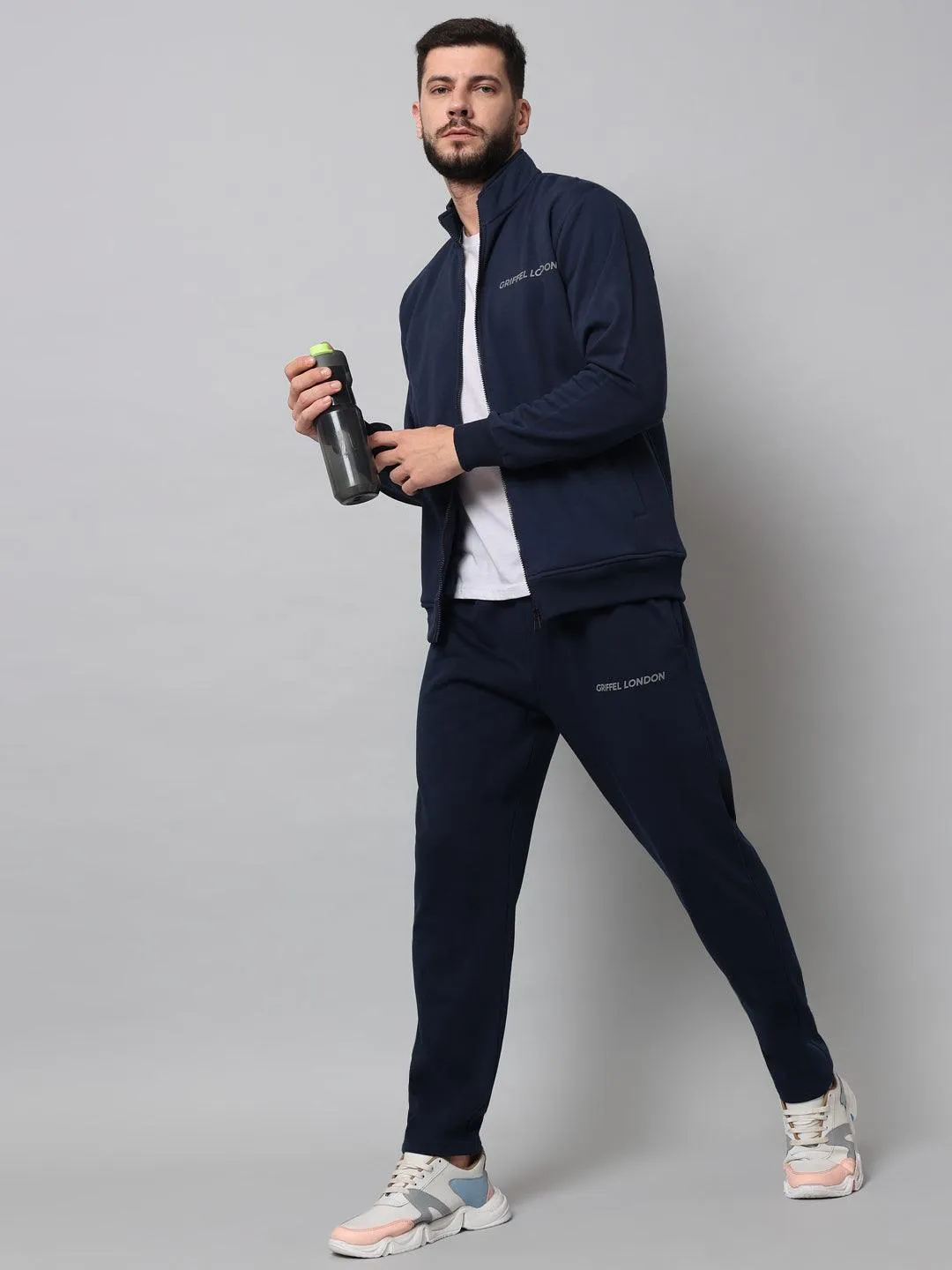 Griffel Men's Front Logo Fleece Zipper and Jogger Full set Navy Tracksuit