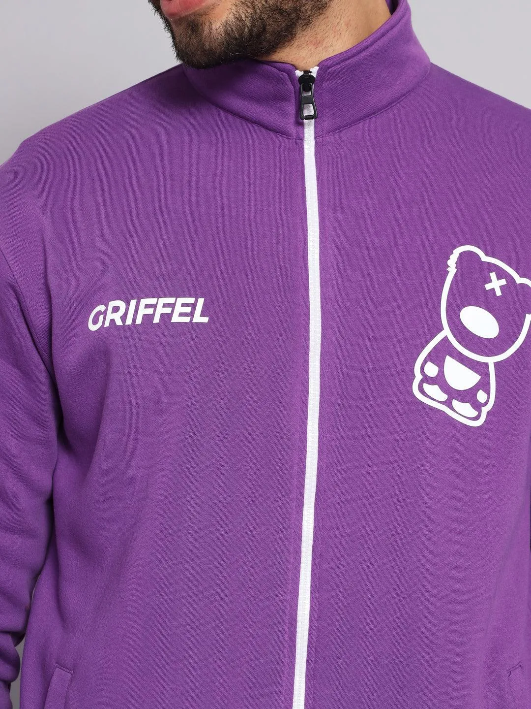 Griffel Men's Front Logo Print Fleece Zipper and Jogger Full set Dark Purple Tracksuit