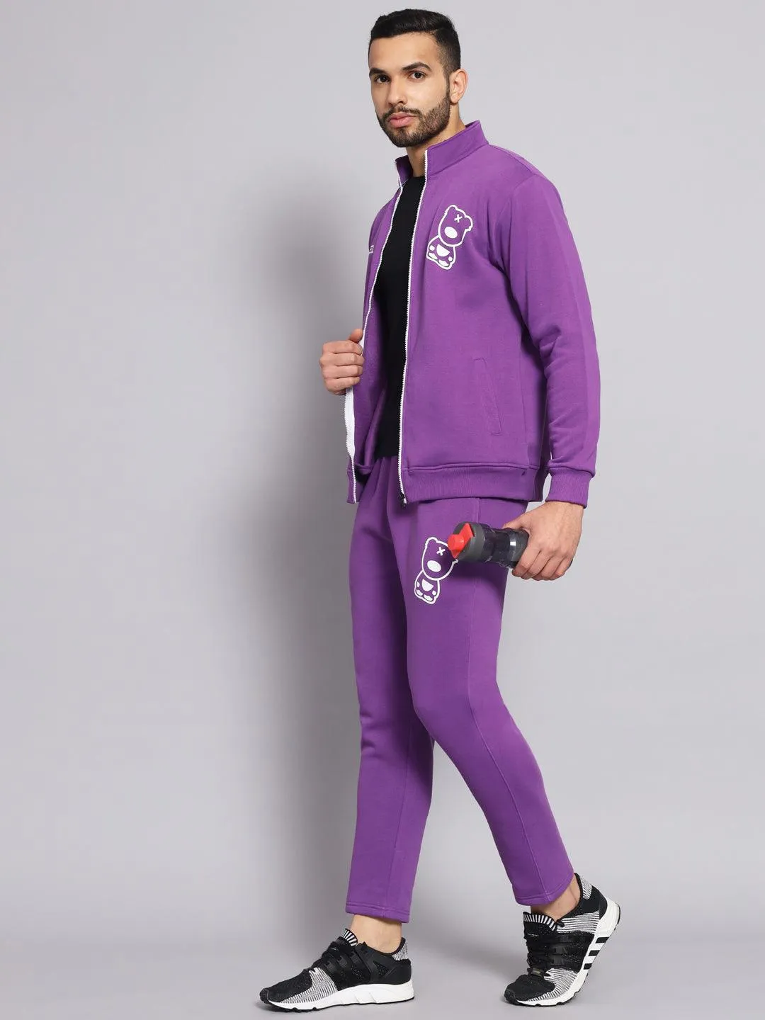 Griffel Men's Front Logo Print Fleece Zipper and Jogger Full set Dark Purple Tracksuit