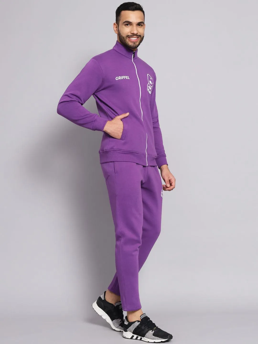 Griffel Men's Front Logo Print Fleece Zipper and Jogger Full set Dark Purple Tracksuit