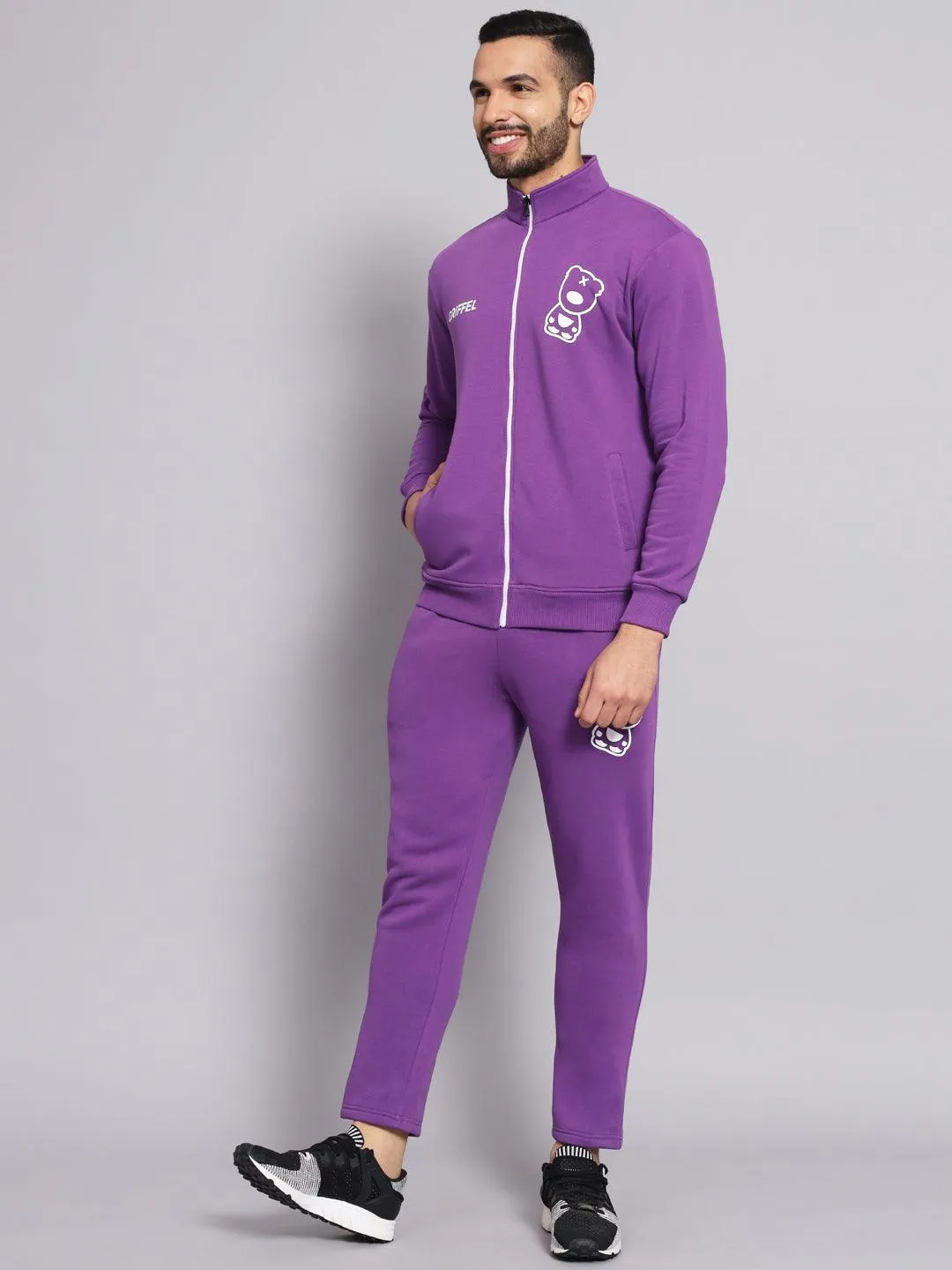 Griffel Men's Front Logo Print Fleece Zipper and Jogger Full set Dark Purple Tracksuit
