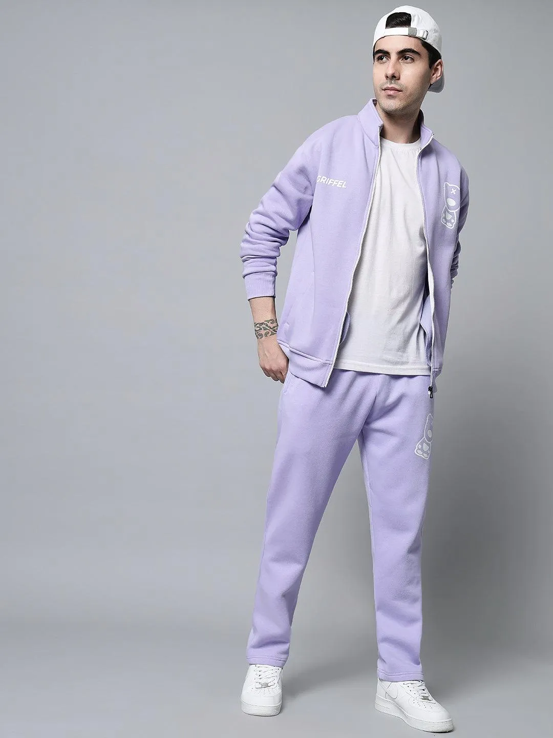 Griffel Men's Front Logo Print Fleece Zipper and Jogger Full set Mauve Tracksuit