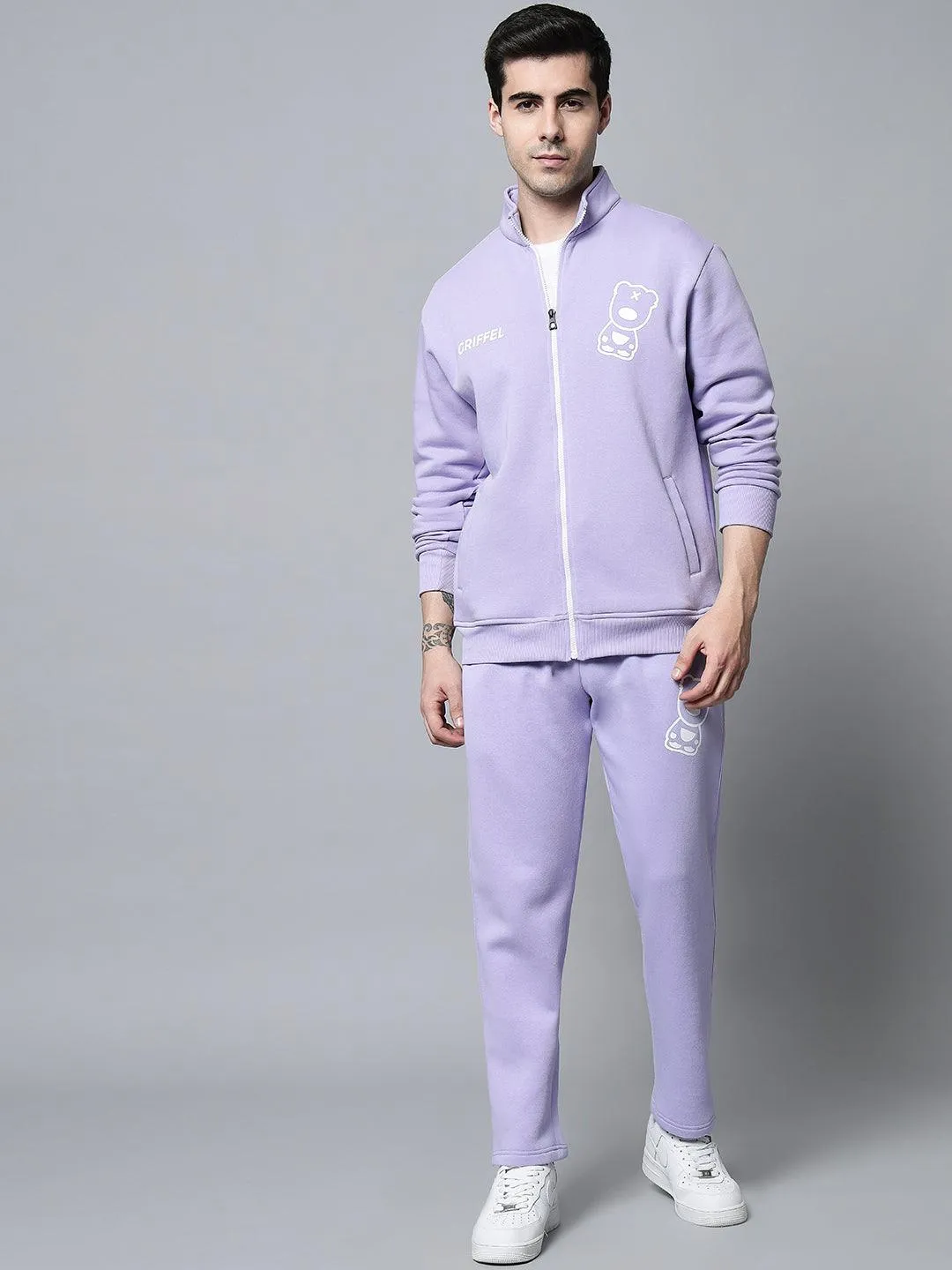 Griffel Men's Front Logo Print Fleece Zipper and Jogger Full set Mauve Tracksuit