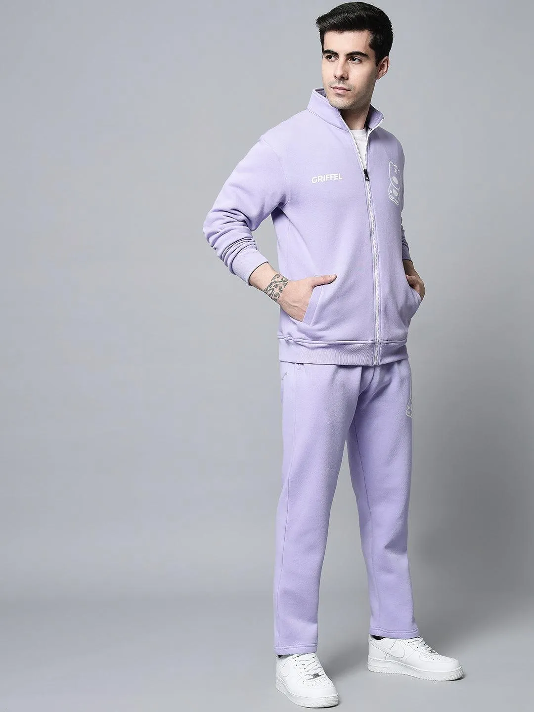 Griffel Men's Front Logo Print Fleece Zipper and Jogger Full set Mauve Tracksuit