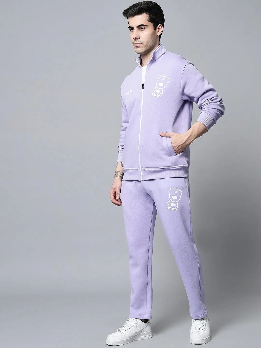 Griffel Men's Front Logo Print Fleece Zipper and Jogger Full set Mauve Tracksuit