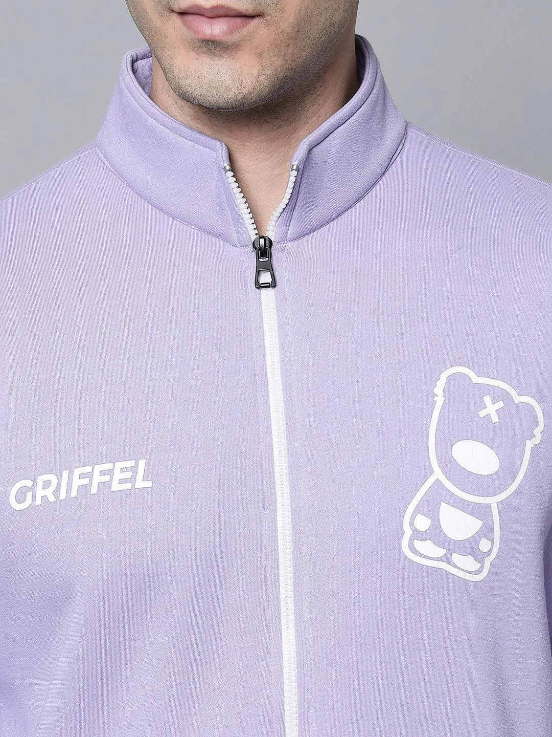 Griffel Men's Front Logo Print Fleece Zipper and Jogger Full set Mauve Tracksuit