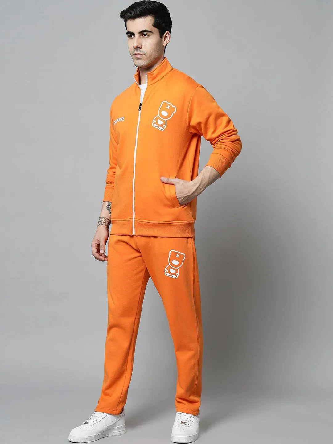 Griffel Men's Front Logo Print Fleece Zipper and Jogger Full set Orange Tracksuit
