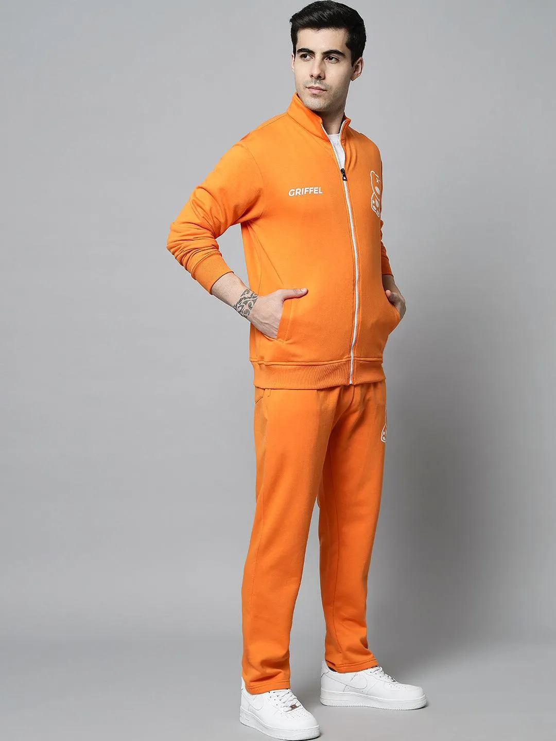 Griffel Men's Front Logo Print Fleece Zipper and Jogger Full set Orange Tracksuit