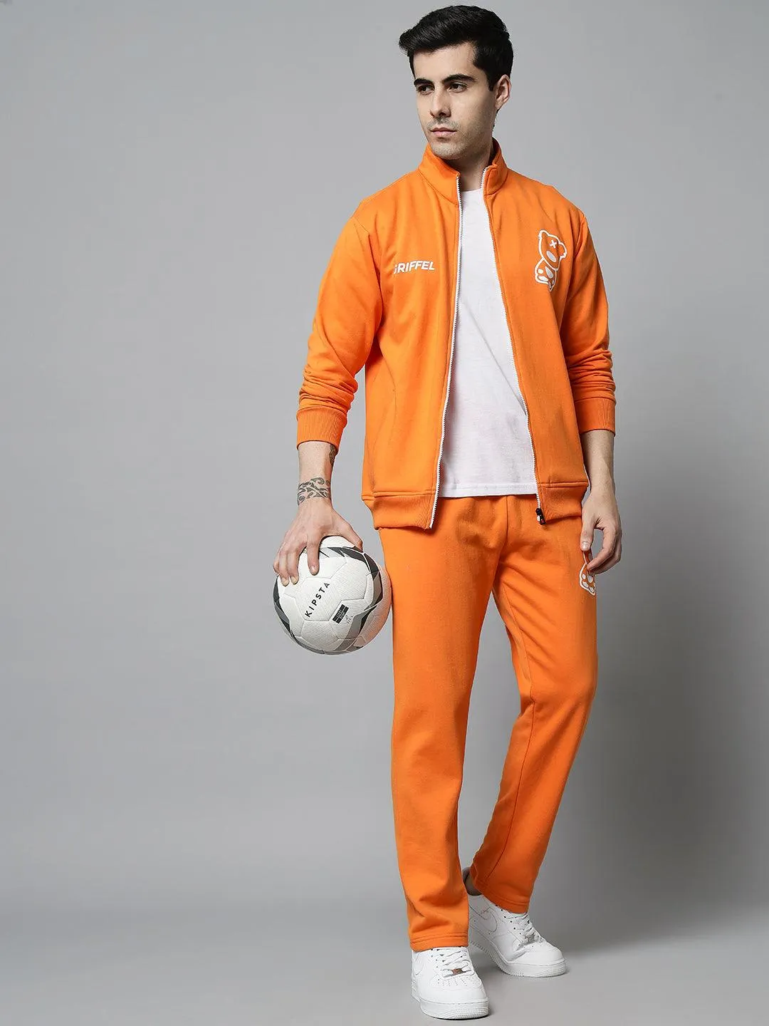 Griffel Men's Front Logo Print Fleece Zipper and Jogger Full set Orange Tracksuit