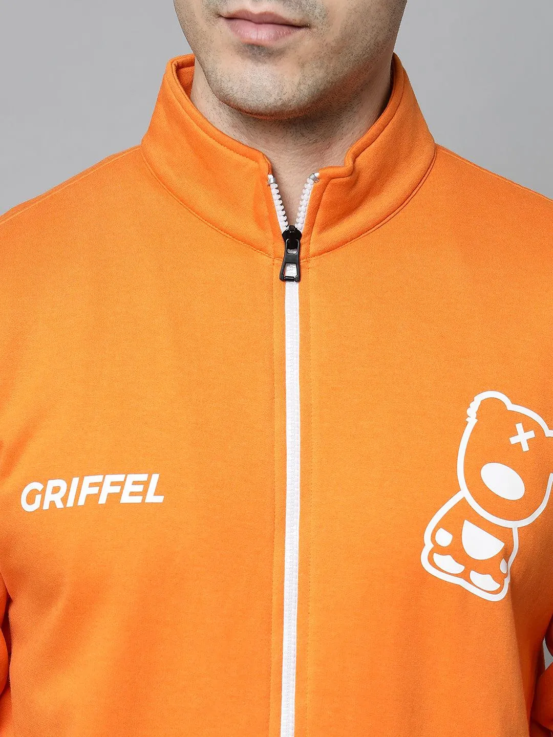 Griffel Men's Front Logo Print Fleece Zipper and Jogger Full set Orange Tracksuit