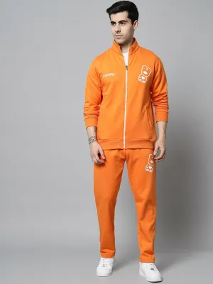 Griffel Men's Front Logo Print Fleece Zipper and Jogger Full set Orange Tracksuit