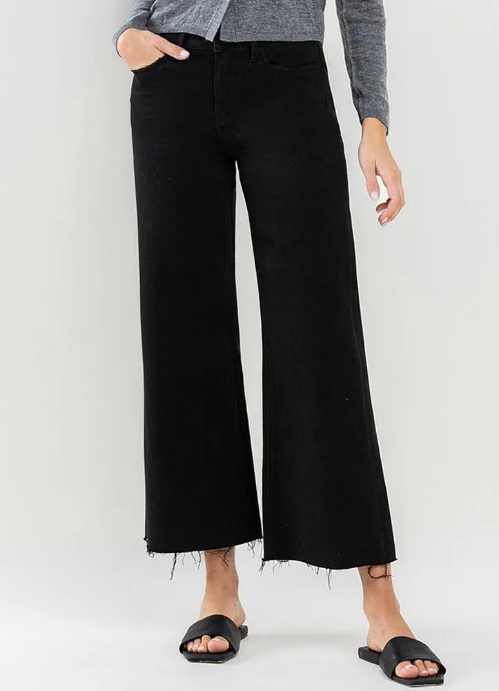 High Rise Raw Hem Crop Wide Leg in Jet Black by Vervet