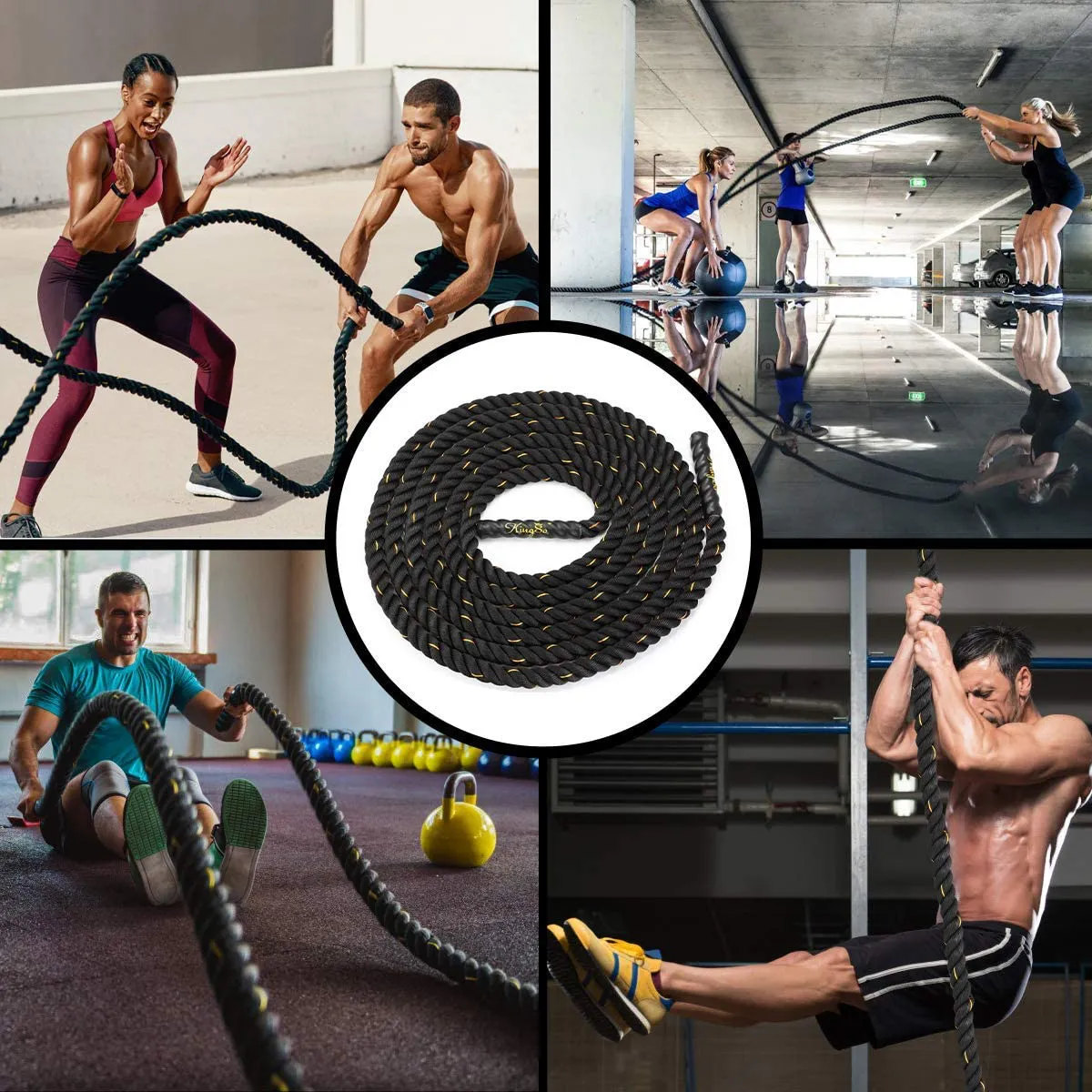 KINGSO Battle Rope 1.5 Inch Heavy Battle Exercise Training Rope 30ft Length Workout Rope 100% Dacron Fitness Rope for Strength Training Home Gym Outdoor Cardio Workout Equipment, Anchor Included